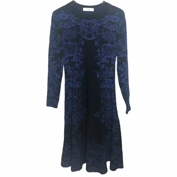 Valentino Delft Jacquard Long Sleeve Midi Sweater Dress Knit Blue M $3960 2020